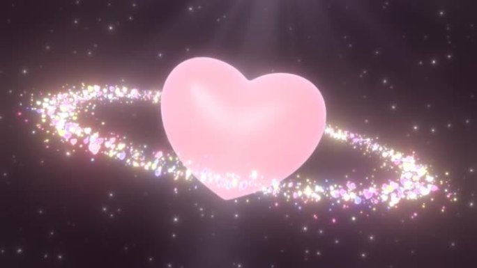 粉色心脏星球，带迷你爱情环卫星在太空恒星轨道运行-4k无缝VJ循环运动背景动画