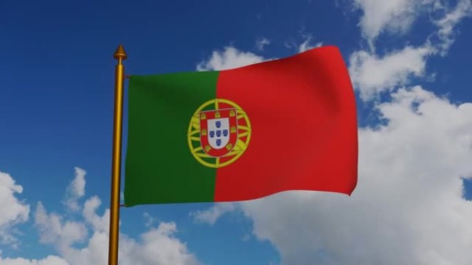 3D渲染的葡萄牙国旗，旗杆和蓝天的时间推移，葡萄牙共和国国旗纺织品，盾徽葡萄牙独立日，浑天仪和葡萄牙