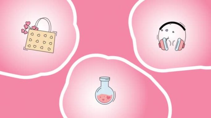 粉红色背景上的卡通包，耳机和浪漫的长生不老药图标的4k视频。