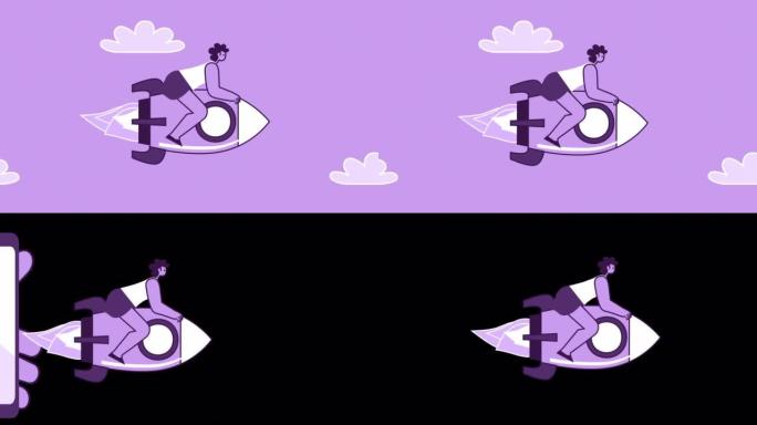 火箭上的紫色女性扁平角色从智能手机中飞出。带有Alpha通道的孤立循环动画