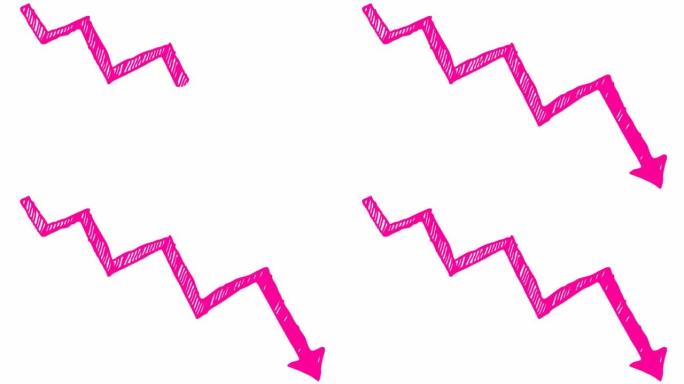 动画粉色和蓝色箭头。经济衰退图表。经济危机，衰退，下降图。利润下降。手绘矢量插图孤立在白色背景上。