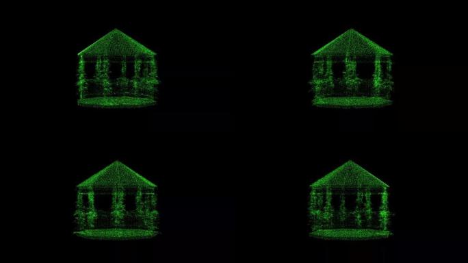 3D花园凉亭在黑色背景上旋转。由绿色闪烁粒子组成的物体60 FPS。科学概念。标题、演示文稿的抽象b