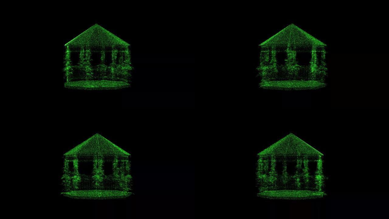3D花园凉亭在黑色背景上旋转。由绿色闪烁粒子组成的物体60 FPS。科学概念。标题、演示文稿的抽象b