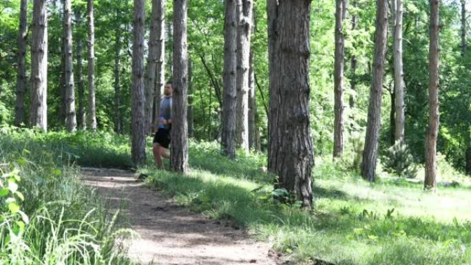 年轻的运动员在森林里奔跑