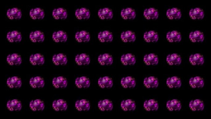 许多抽象的3D球体在对称的行中具有紫色波的图案，无缝循环。动。能量振动发光球。