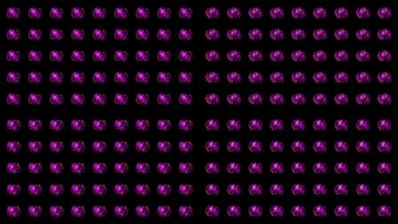 许多抽象的3D球体在对称的行中具有紫色波的图案，无缝循环。动。能量振动发光球。