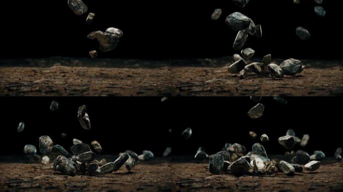 视频动画。石头岩石在黑暗的背景上落到地上。慢动作视频。