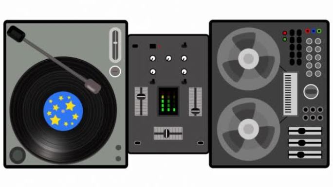 动画DJ调音台，配有乙烯基唱片和卷轴到卷轴录音机