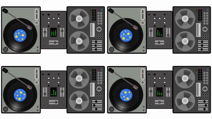 动画DJ调音台，配有乙烯基唱片和卷轴到卷轴录音机