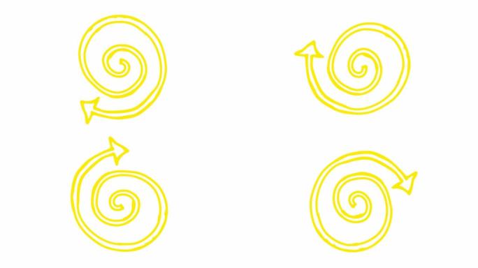 螺旋箭头旋转的动画图标。黄色符号旋转。循环视频。手绘矢量插图孤立在白色背景上。