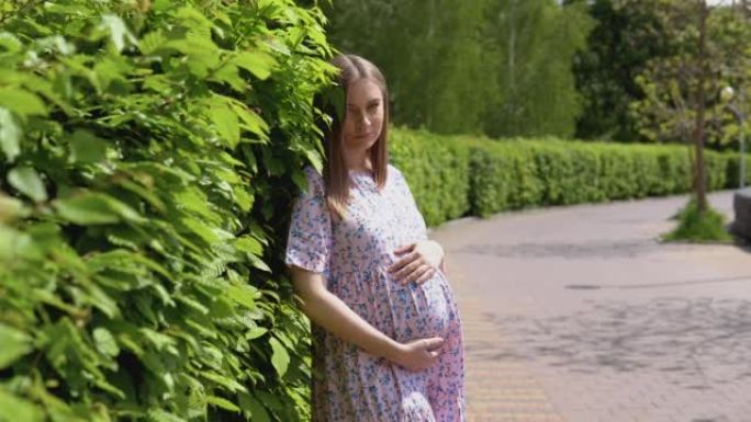 穿着带有花卉图案的夏装的孕妇站在公园里有灌木丛的绿色围栏附近。夏季怀孕