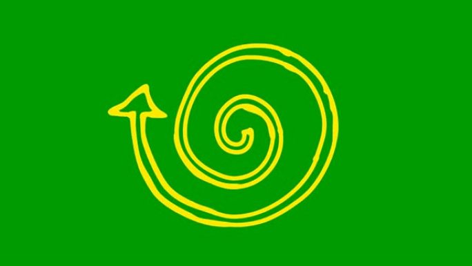 螺旋箭头旋转的动画图标。黄色符号旋转。循环视频。手绘矢量插图孤立在绿色背景上。