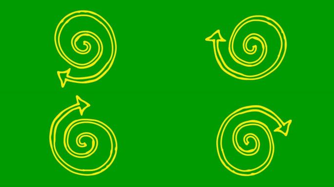 螺旋箭头旋转的动画图标。黄色符号旋转。循环视频。手绘矢量插图孤立在绿色背景上。