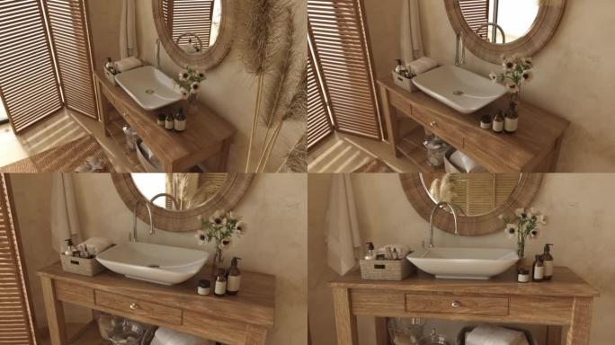 波西米亚斯堪的纳维亚风格的家庭室内背景。米色浴室配有天然木制家具。3d渲染插图4k视频动画场景。