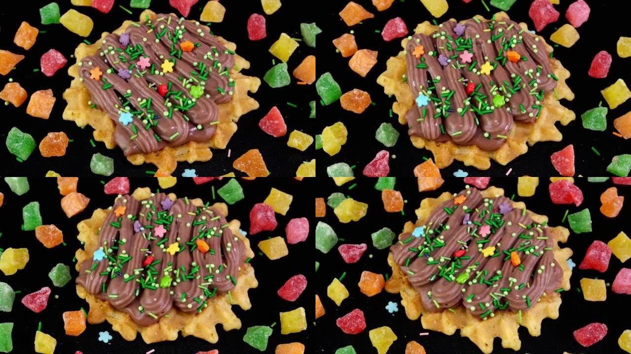 用巧克力奶油装饰的列日华夫饼，撒上糖果和蜜饯旋转。