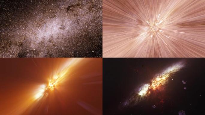 星系超空间跳跃从考德威尔72星系到宏伟的星暴星系m82。4K 3D渲染穿越星域，在太空中飞行极快的光