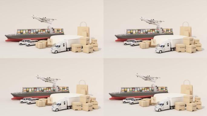 国际运输运输概念讲台产品支架被纸箱包围，一艘货物集装箱船，一架飞行飞机，一辆货车和一辆卡车隔离在白色