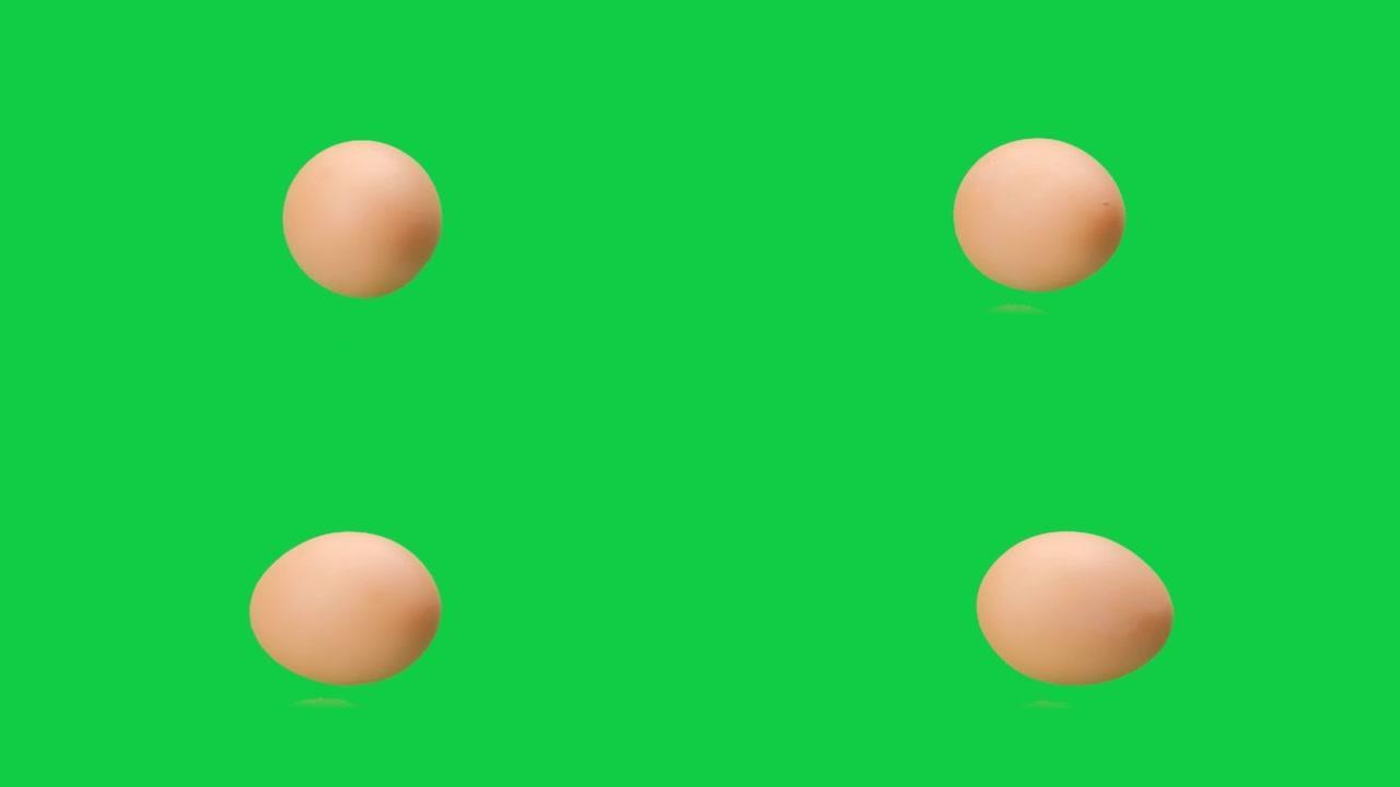 绿屏慢动作鸡蛋在滚动，鸡蛋旋转慢动作，复活节彩蛋背景，色键，阿尔法通道。