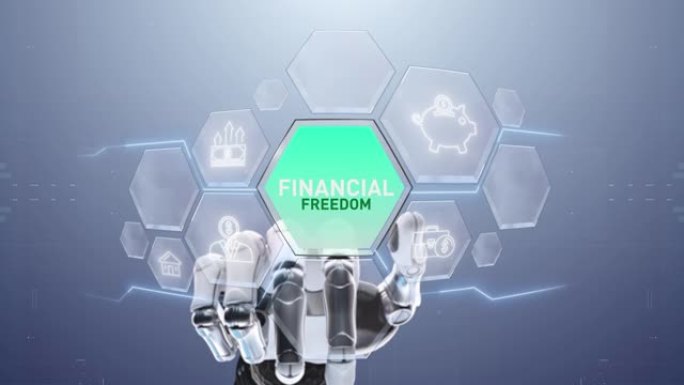 金融自由机器人手触摸，触摸未来，界面技术，用户体验的未来，旅程和技术概念，数字屏幕界面