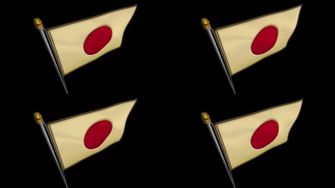 金色日本国旗循环视频在风中飘扬，4k UHD慢动作视频带alpha通道。
