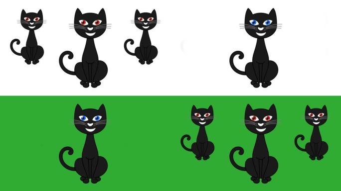 一只猫坐着等待食物和其他猫出现白色和绿色背景-动画