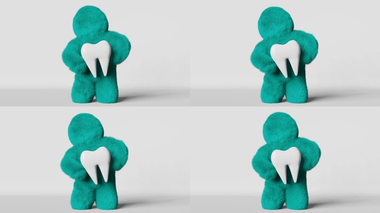 可爱的绿松石毛茸茸的雪人持有白色健康磨牙3D动画循环。不露面的蓬松的大脚怪。创意牙科诊所广告全国牙医
