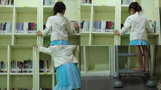 小女孩在书架上找书。