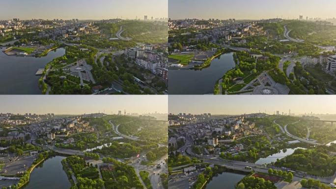 伊斯坦布尔土耳其空中v42天桥金角湾，通往卡吉坦河，朝埃姆尼耶特佩街区，在日出时捕捉萨达巴特公园和市