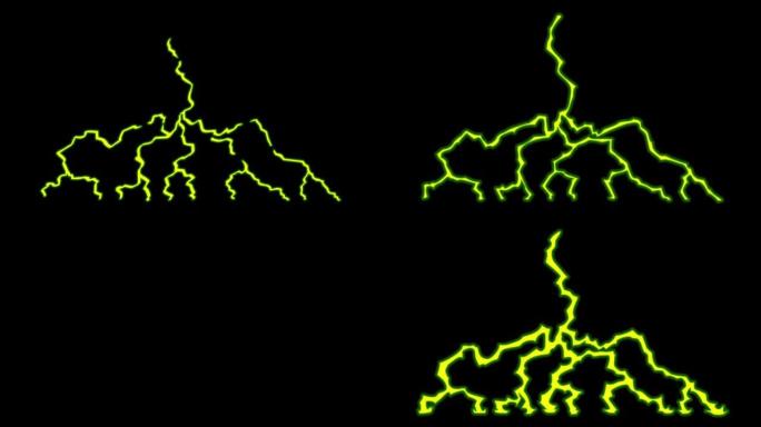 黑色背景上的动画黄色闪电隔离。