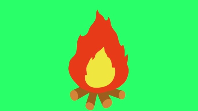 绿色背景上的动画橙色篝火isolae。