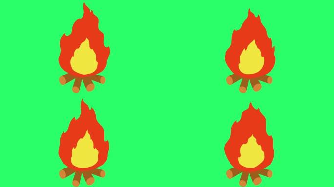 绿色背景上的动画橙色篝火isolae。