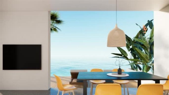现代海滩别墅。带家具和电视模型的白色房间。平移右视频超高清4K 3840x2160，3D动画