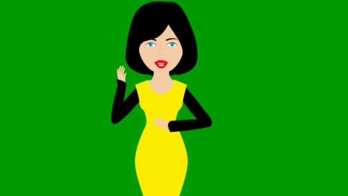 穿着黄色连衣裙的动画说话女孩。女人不断地用手说些什么和手势。黑发。孤立在绿色背景上的平面矢量插图。