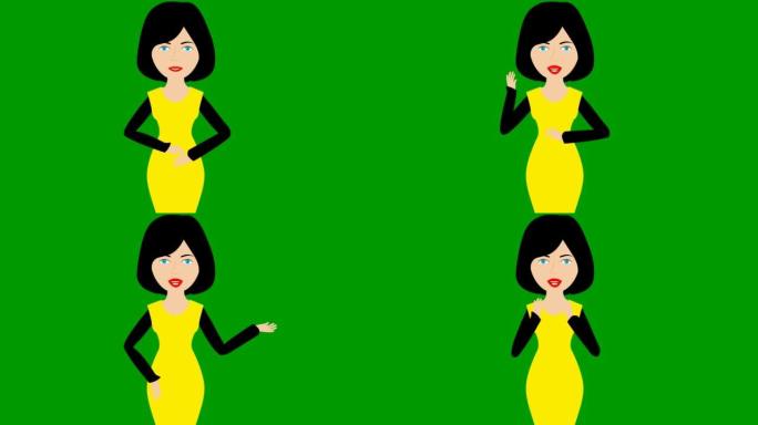穿着黄色连衣裙的动画说话女孩。女人不断地用手说些什么和手势。黑发。孤立在绿色背景上的平面矢量插图。