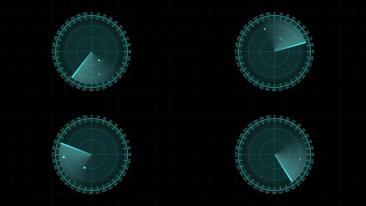 雷达正在寻找物体。平视显示器圈用户 İ nterface在孤立的黑色背景。目标搜索范围和扫描元素主题