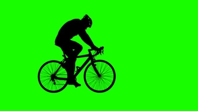 骑自行车的人从左到右穿过屏幕。绿屏镜头动画。
