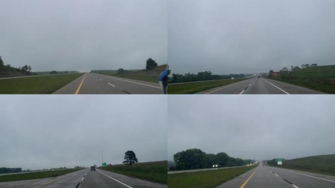 半油罐车移动时间推移多雨和暴风雨的70号州际公路在美国中西部旅行春末POV从移动汽车公路基础设施视频