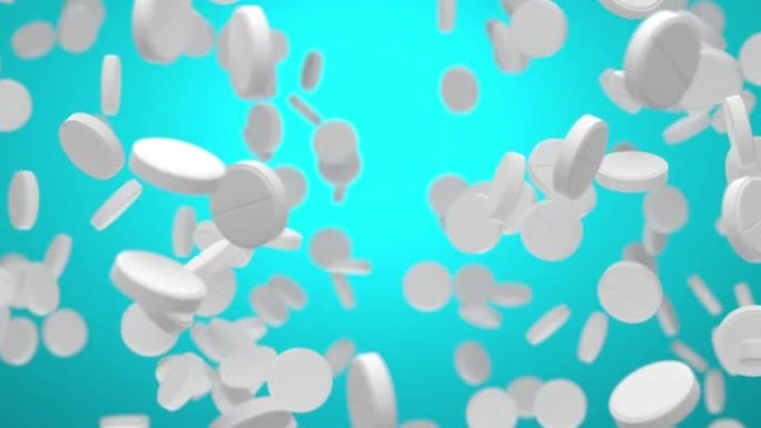 白色药片药物落在蓝色背景上-3D动画