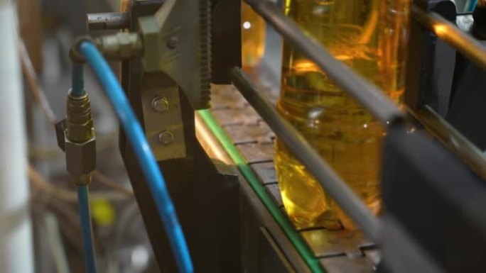 生产和装瓶饮料碳酸柠檬水，苏打水或啤酒在塑料瓶在工业工厂的自动输送机上。食品工业概念。瓶装饮料的制造