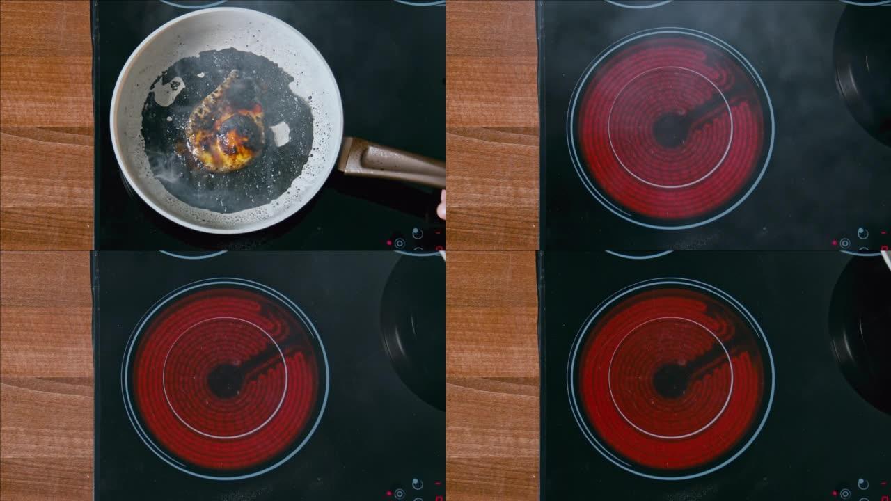 在黑色炉子上的白锅上烧鸡蛋，黑油。最佳镜头100fps