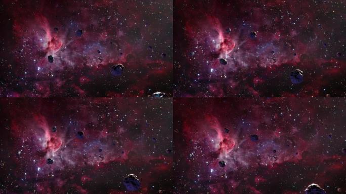 星系太空飞行探索大船底座星云NGC 3372的太空岩石。4k循环动画，飞越发光的星云，云和星星场。