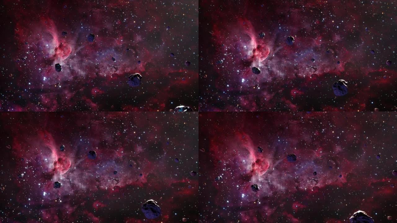 星系太空飞行探索大船底座星云NGC 3372的太空岩石。4k循环动画，飞越发光的星云，云和星星场。