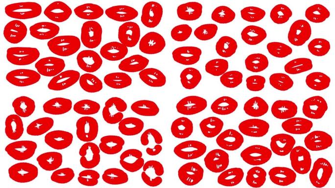 红色嘴唇的2D动画。涂鸦风格的空气吻图案。
