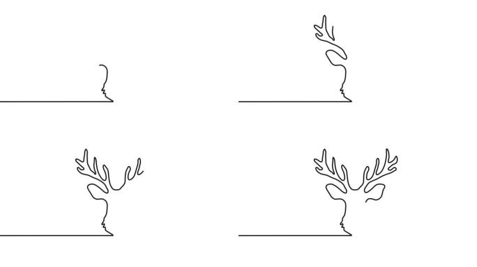 连续的黑色一行在白色背景上画有角的鹿头。自画动画。手绘鹿剪影图片，设计简单。2D，4k镜头。线艺术。