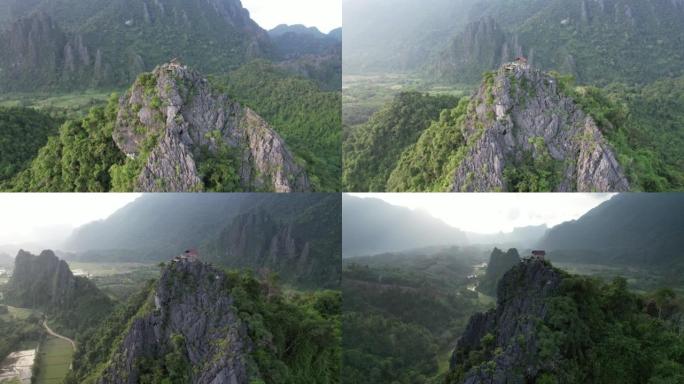 无人驾驶飞机在老挝万昂的南克赛景景和美丽的石灰岩山景