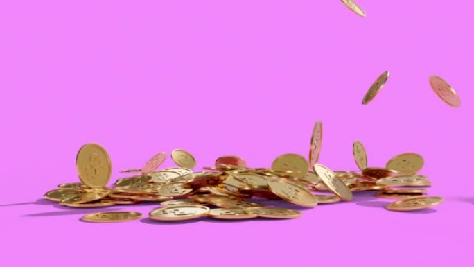 3d动画爆炸金币与美元符号掉落在地板上粉红色背景。