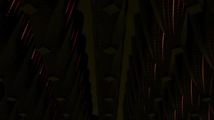 抽象背景，有许多排锥形柱子，顶部有切割的红色光斑。设计。3D条纹柱领域