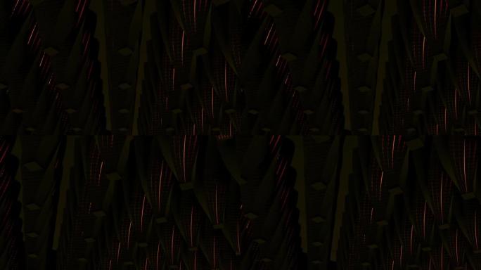 抽象背景，有许多排锥形柱子，顶部有切割的红色光斑。设计。3D条纹柱领域