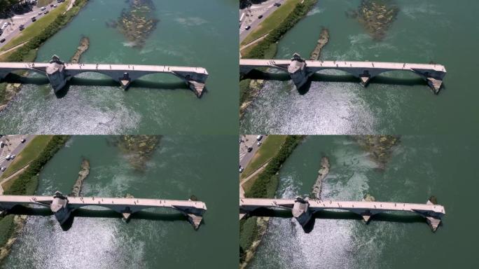 法国罗纳河上的Pont d “阿维尼翁桥” 的无人机拍摄