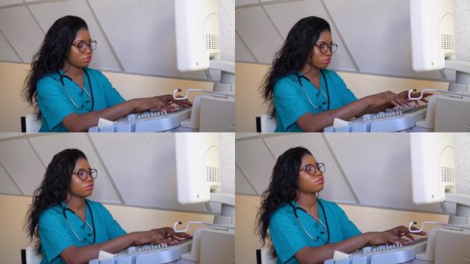 非裔美国女医生检查病人。乳腺癌诊断。拥有医疗设备